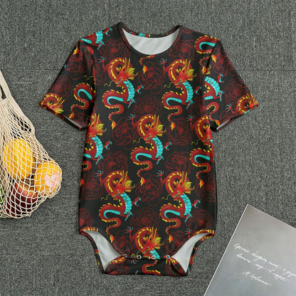 Red Dragon Lotus Pattern Print Men's Bodysuit