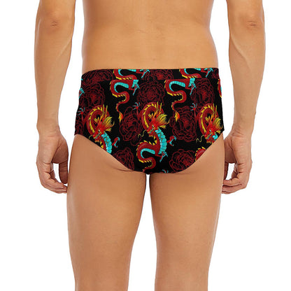 Red Dragon Lotus Pattern Print Men's Briefs