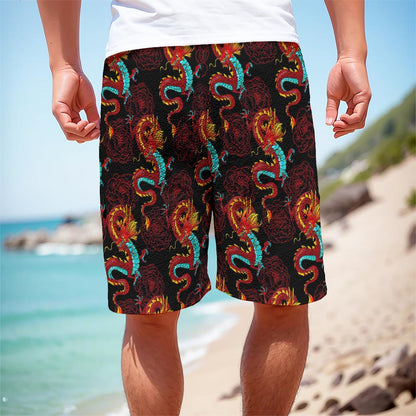 Red Dragon Lotus Pattern Print Men's Cargo Shorts