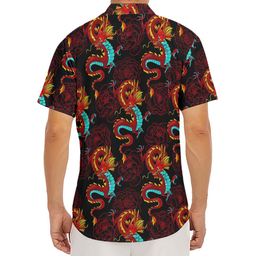 Red Dragon Lotus Pattern Print Men's Deep V-Neck Shirt