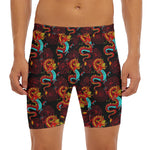 Red Dragon Lotus Pattern Print Men's Long Boxer Briefs