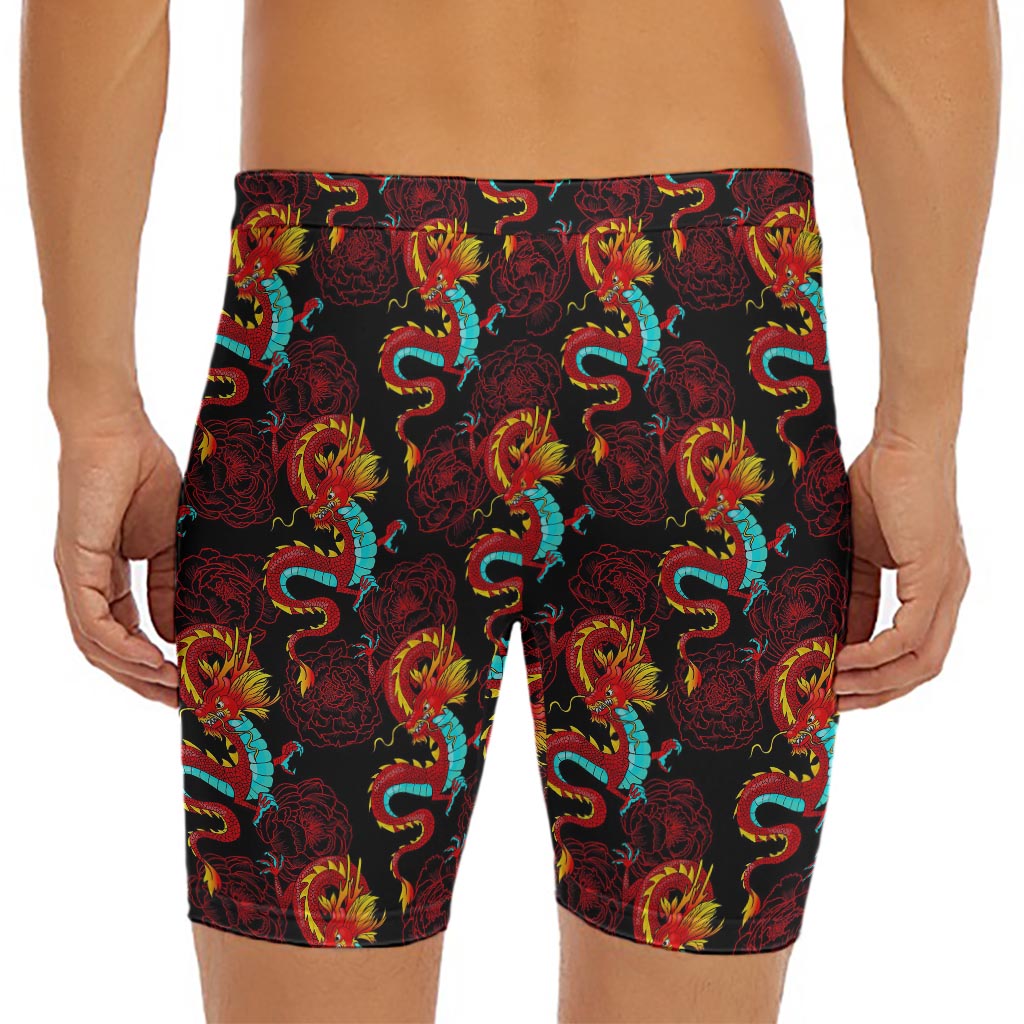 Red Dragon Lotus Pattern Print Men's Long Boxer Briefs