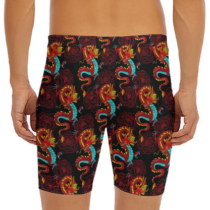 Red Dragon Lotus Pattern Print Men's Long Boxer Briefs