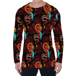 Red Dragon Lotus Pattern Print Men's Long Sleeve T-Shirt