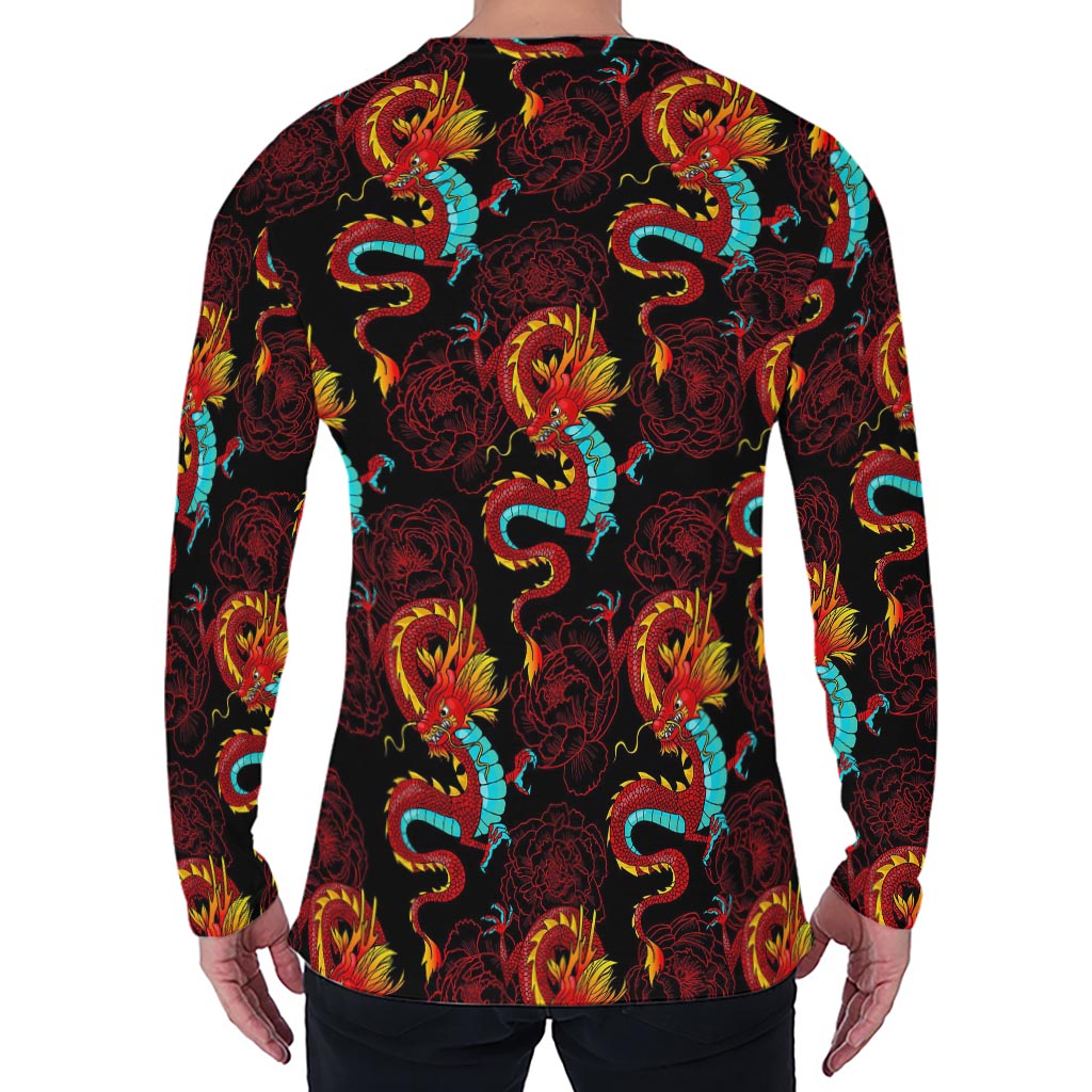 Red Dragon Lotus Pattern Print Men's Long Sleeve T-Shirt