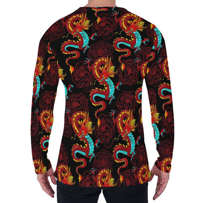 Red Dragon Lotus Pattern Print Men's Long Sleeve T-Shirt
