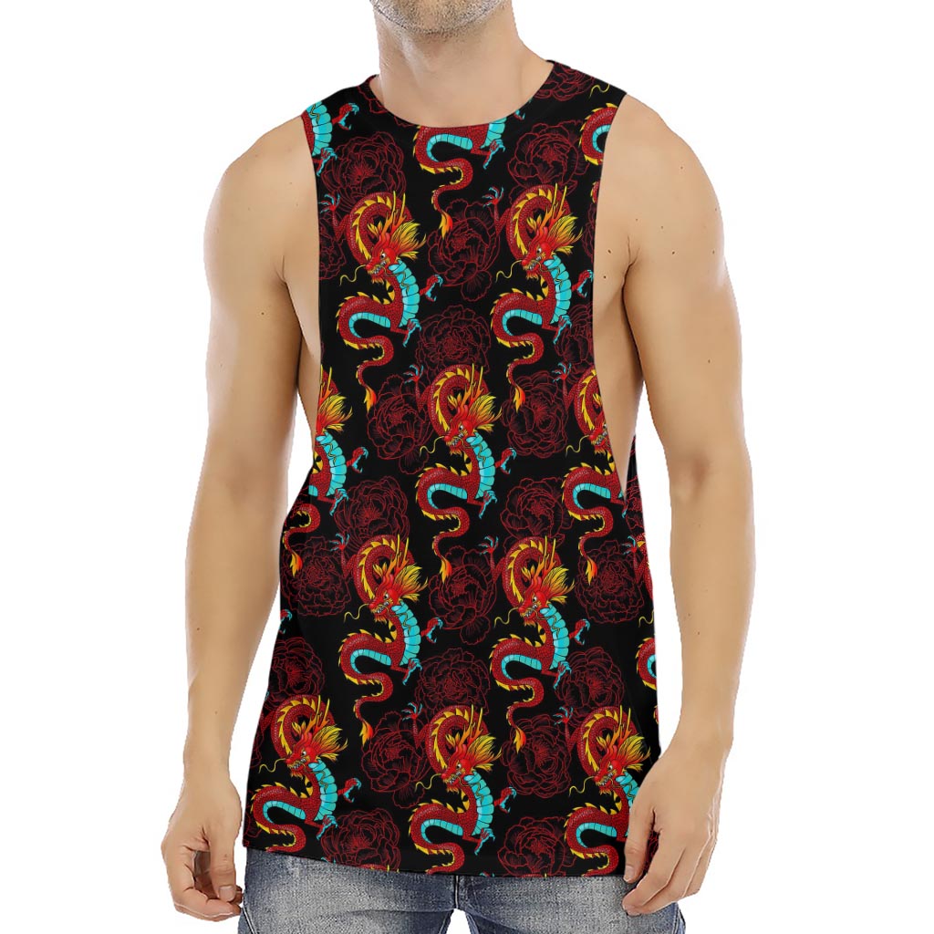 Red Dragon Lotus Pattern Print Men's Muscle Tank Top