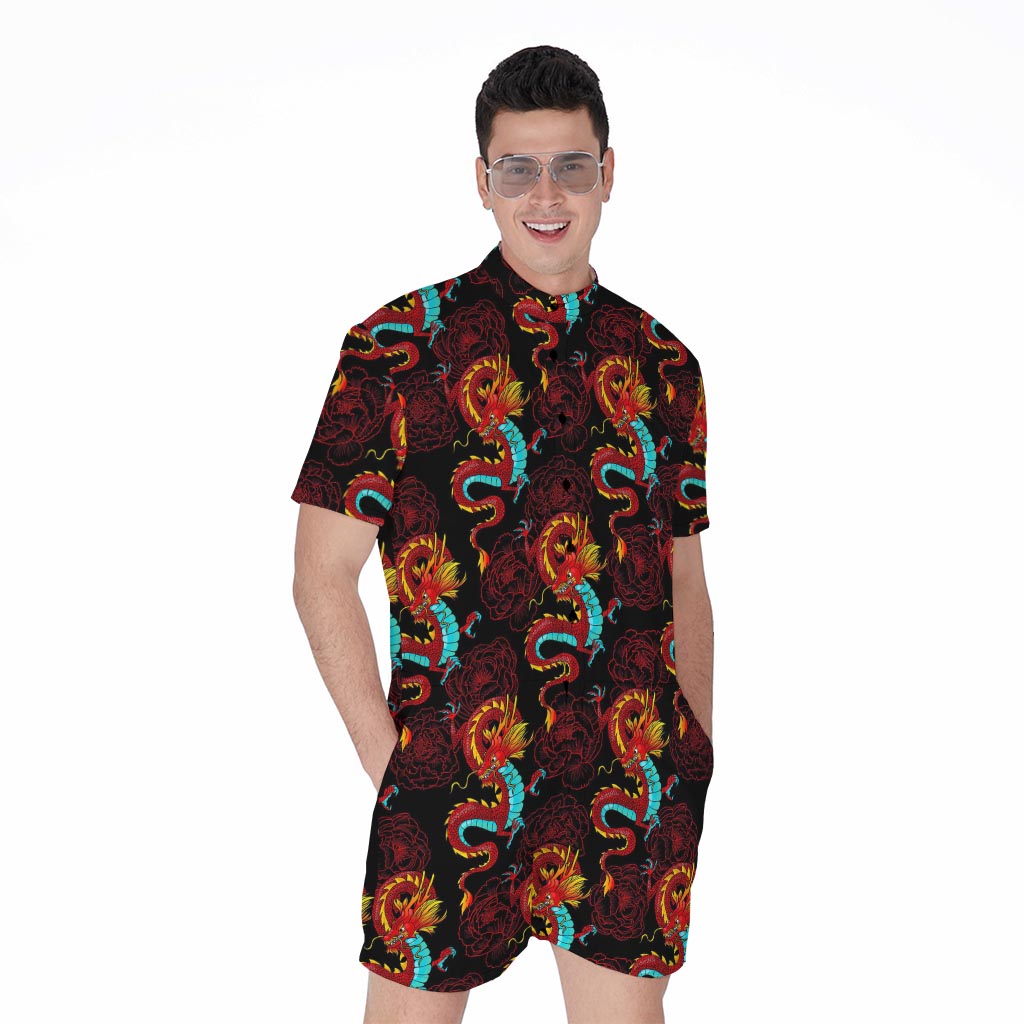 Red Dragon Lotus Pattern Print Men's Rompers