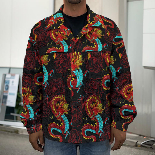 Red Dragon Lotus Pattern Print Men's Shirt Jacket