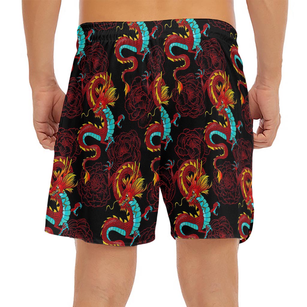 Red Dragon Lotus Pattern Print Men's Split Running Shorts