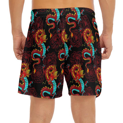 Red Dragon Lotus Pattern Print Men's Split Running Shorts