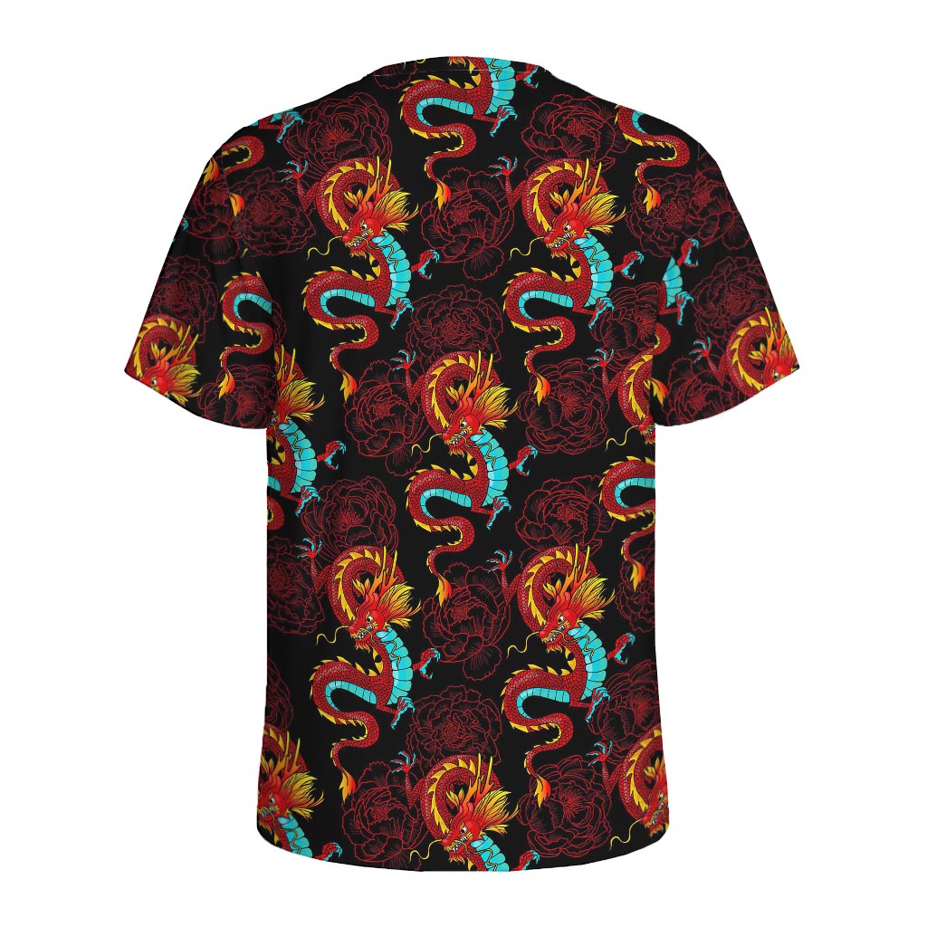 Red Dragon Lotus Pattern Print Men's Sports T-Shirt