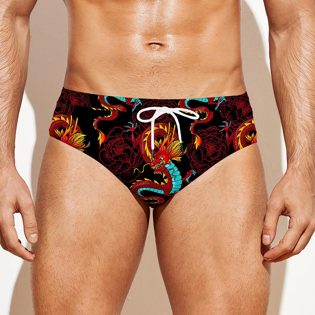 Red Dragon Lotus Pattern Print Men's Swim Briefs