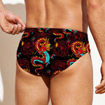 Red Dragon Lotus Pattern Print Men's Swim Briefs