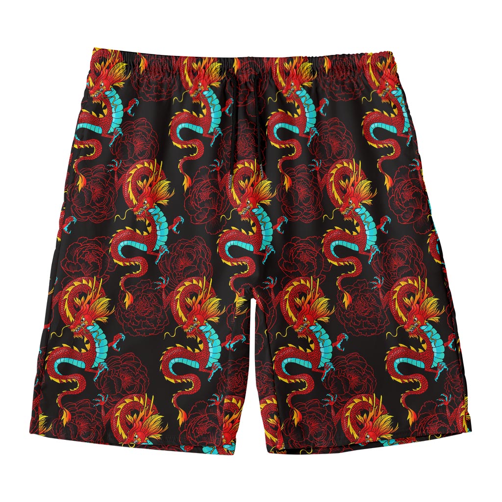 Red Dragon Lotus Pattern Print Men's Swim Trunks