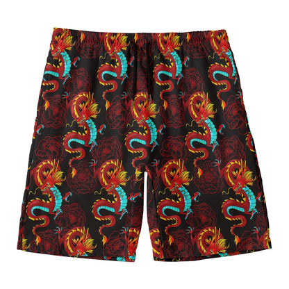 Red Dragon Lotus Pattern Print Men's Swim Trunks