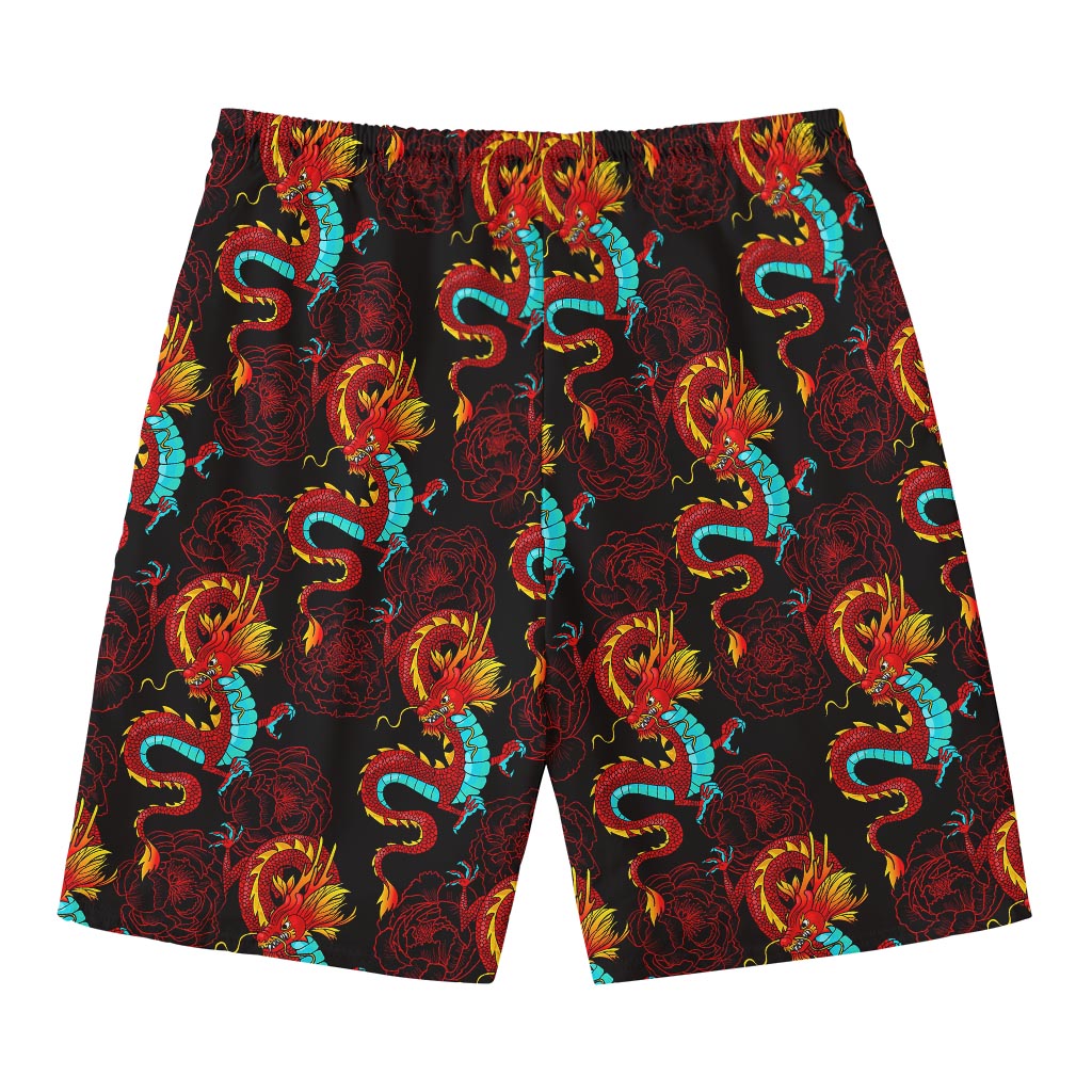 Red Dragon Lotus Pattern Print Men's Swim Trunks