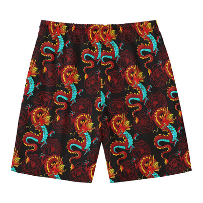Red Dragon Lotus Pattern Print Men's Swim Trunks