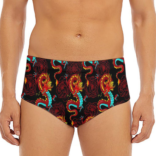 Red Dragon Lotus Pattern Print Men's Triangle Swim Briefs