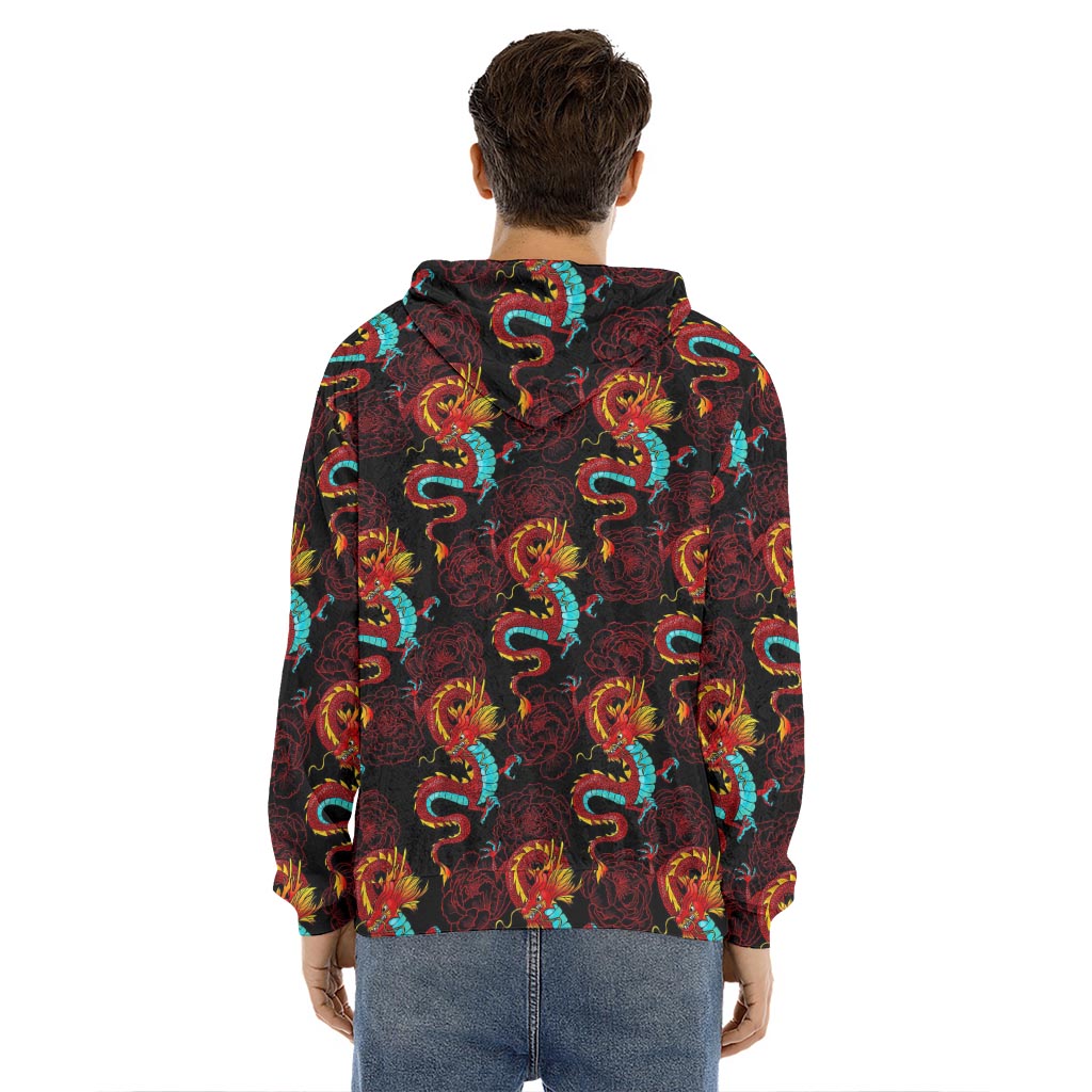 Red Dragon Lotus Pattern Print Men's Velvet Pullover Hoodie