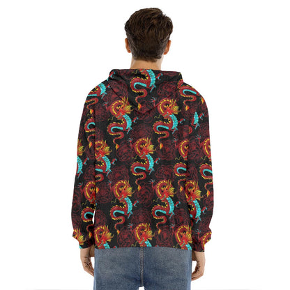 Red Dragon Lotus Pattern Print Men's Velvet Pullover Hoodie