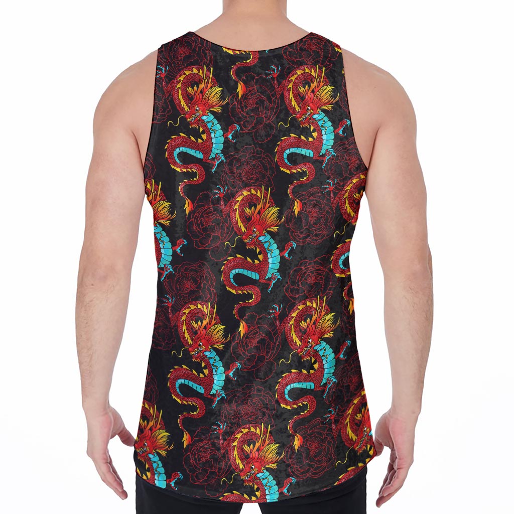 Red Dragon Lotus Pattern Print Men's Velvet Tank Top