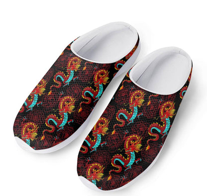 Red Dragon Lotus Pattern Print Mesh Casual Shoes