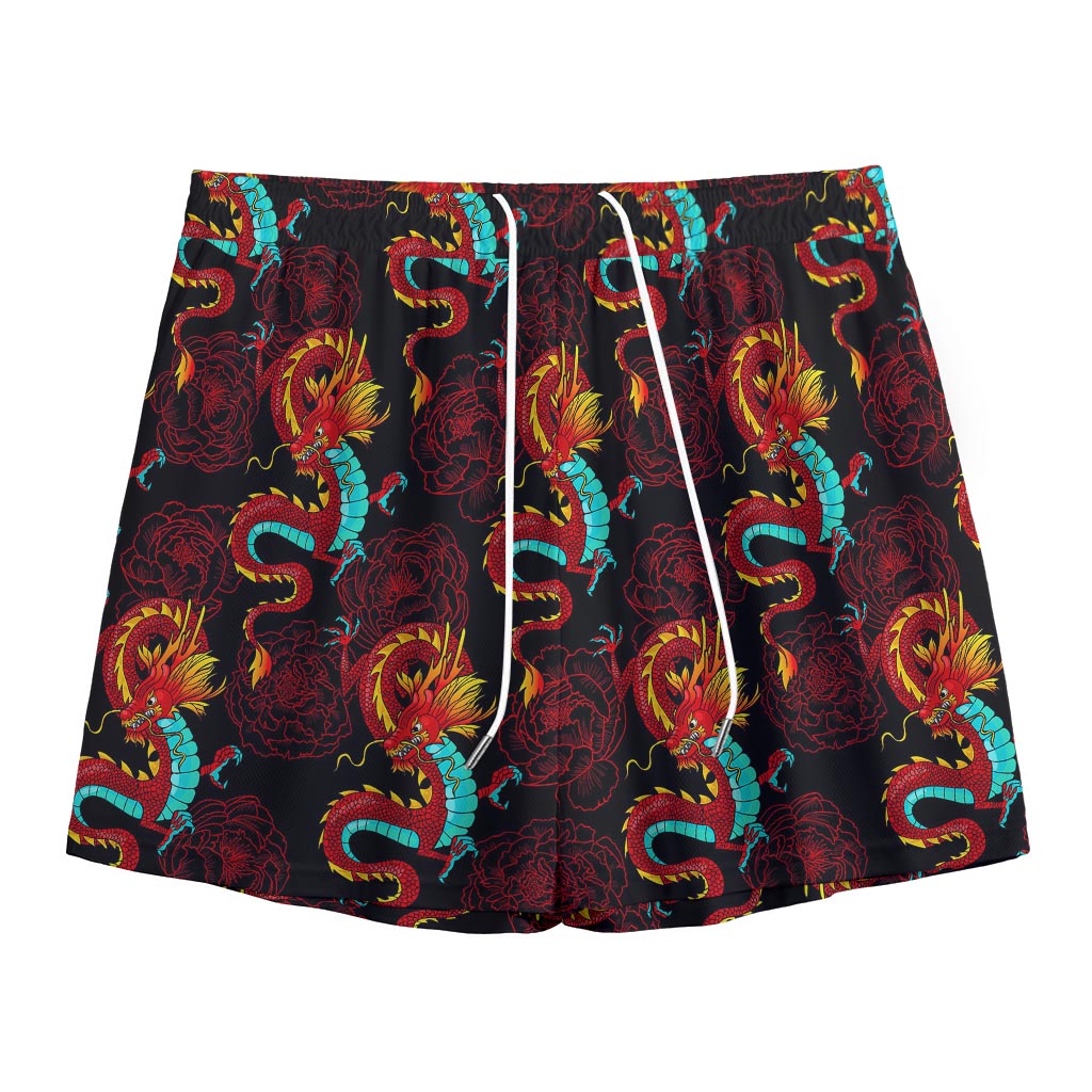 Red Dragon Lotus Pattern Print Mesh Shorts