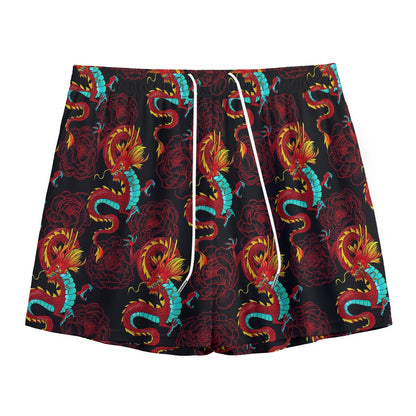 Red Dragon Lotus Pattern Print Mesh Shorts