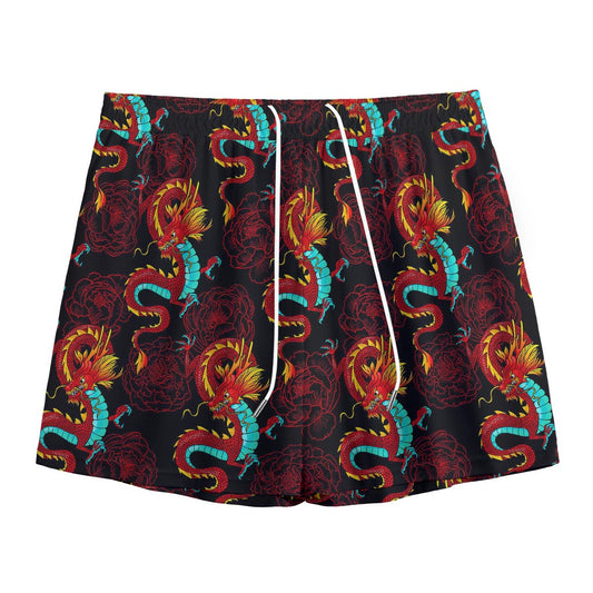 Red Dragon Lotus Pattern Print Mesh Shorts