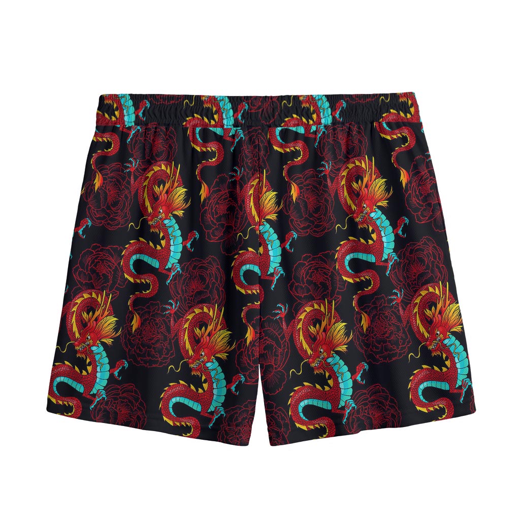 Red Dragon Lotus Pattern Print Mesh Shorts