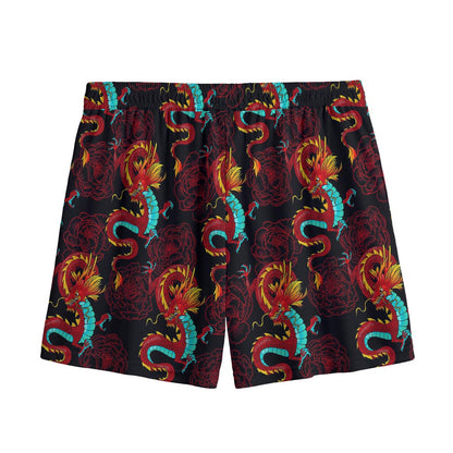 Red Dragon Lotus Pattern Print Mesh Shorts