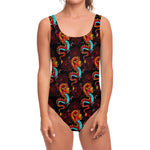 Red Dragon Lotus Pattern Print One Piece Swimsuit