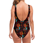 Red Dragon Lotus Pattern Print One Piece Swimsuit