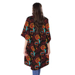 Red Dragon Lotus Pattern Print Open Front Beach Cover Up
