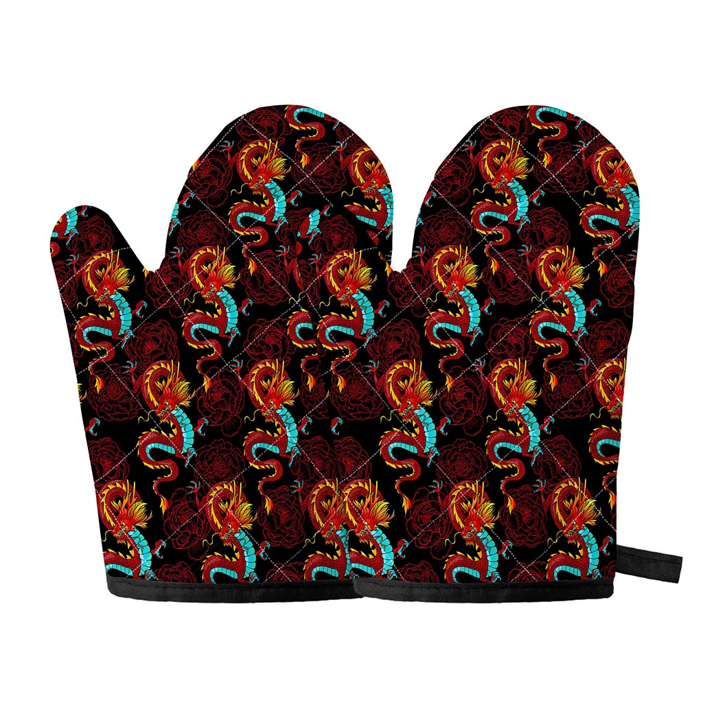 Red Dragon Lotus Pattern Print Oven Mitts