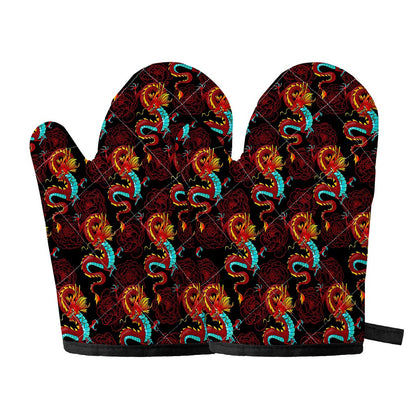 Red Dragon Lotus Pattern Print Oven Mitts