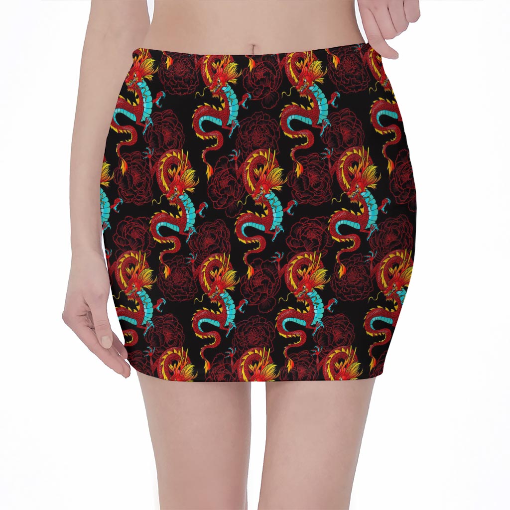 Red Dragon Lotus Pattern Print Pencil Mini Skirt