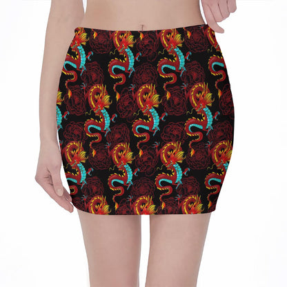 Red Dragon Lotus Pattern Print Pencil Mini Skirt
