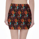 Red Dragon Lotus Pattern Print Pencil Mini Skirt