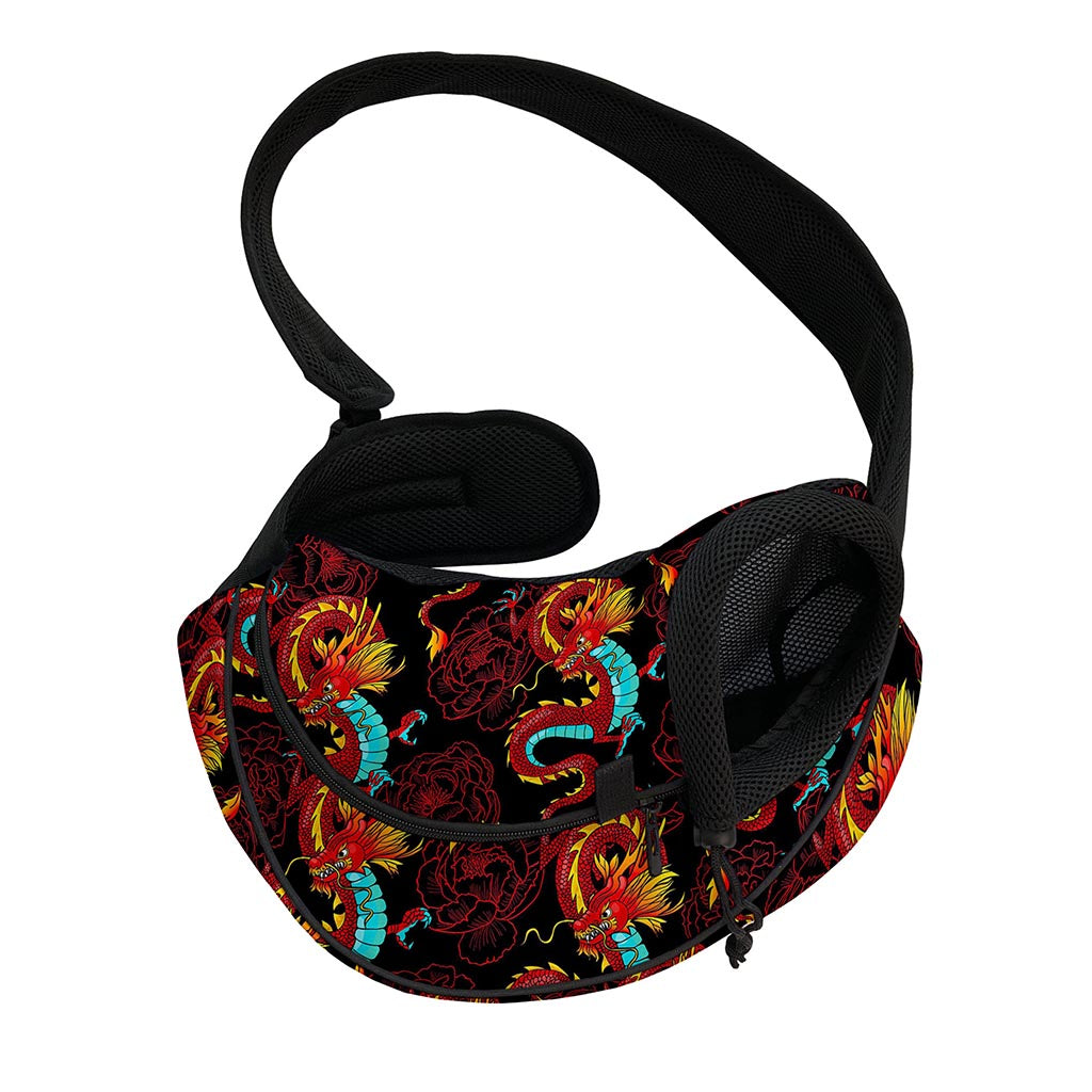 Red Dragon Lotus Pattern Print Pet Sling Carrier