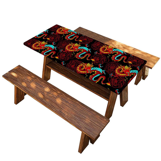 Red Dragon Lotus Pattern Print Picnic Table Cover