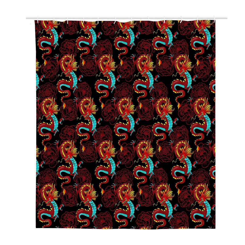 Red Dragon Lotus Pattern Print Polyester Shower Curtain