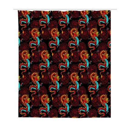 Red Dragon Lotus Pattern Print Polyester Shower Curtain