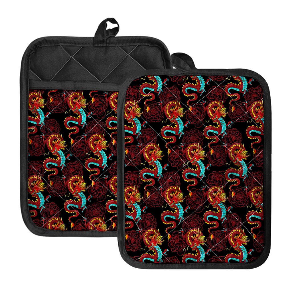 Red Dragon Lotus Pattern Print Pot Holders With Pocket