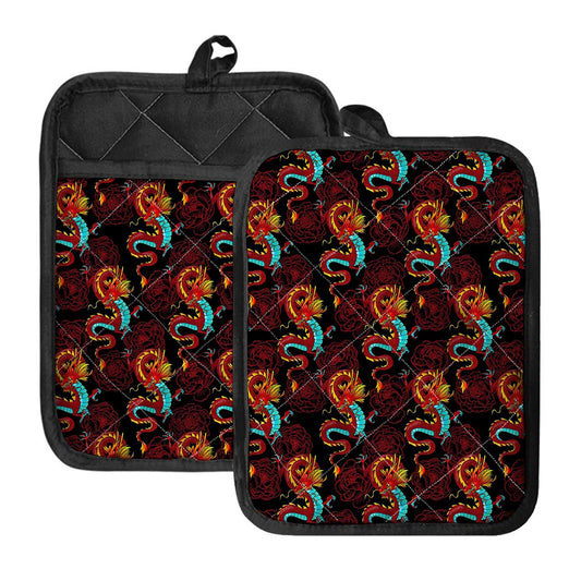 Red Dragon Lotus Pattern Print Pot Holders With Pocket