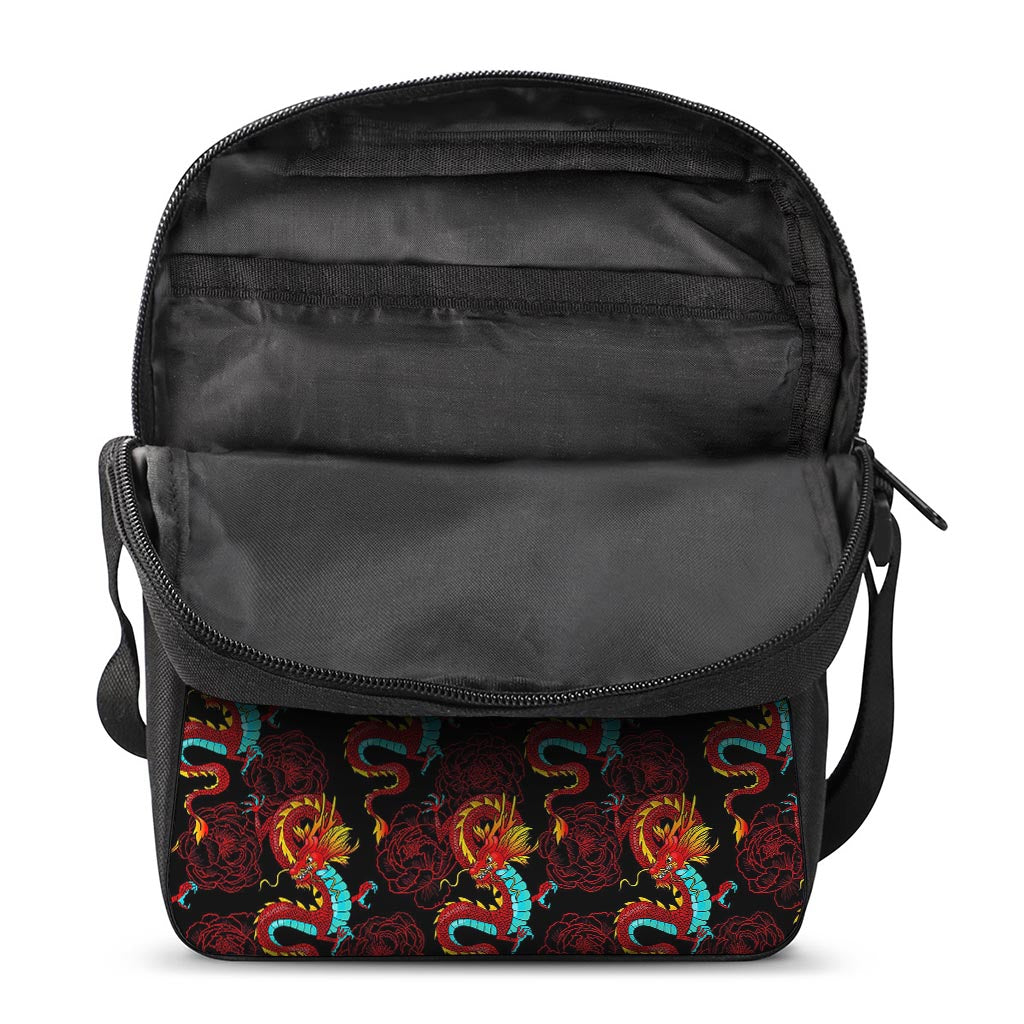 Red Dragon Lotus Pattern Print Rectangular Crossbody Bag