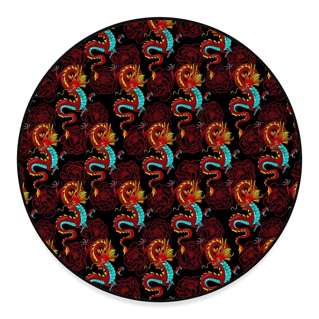 Red Dragon Lotus Pattern Print Round Floor Mat