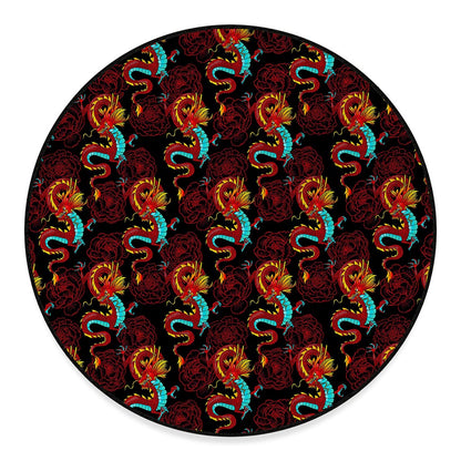 Red Dragon Lotus Pattern Print Round Floor Mat