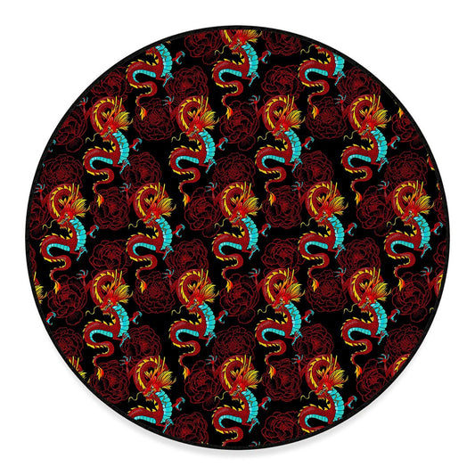Red Dragon Lotus Pattern Print Round Floor Mat
